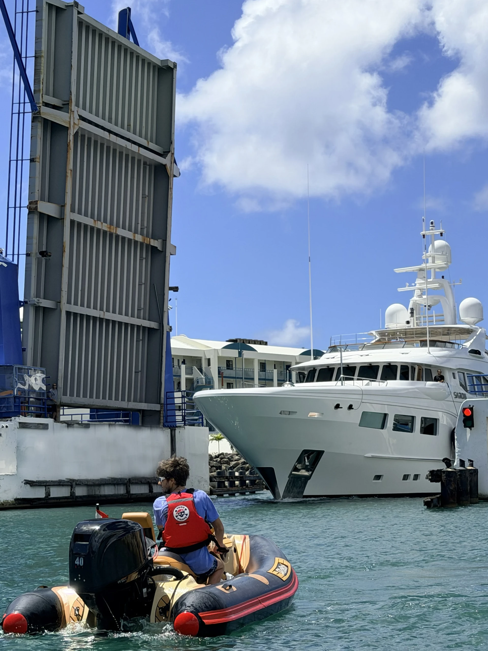 Crossing under Simpson Bay bridge with Yoho Pirates