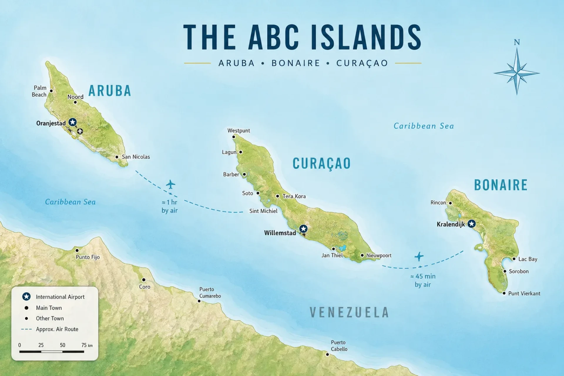 ABC Islands map: Aruba, Bonaire, Curacao